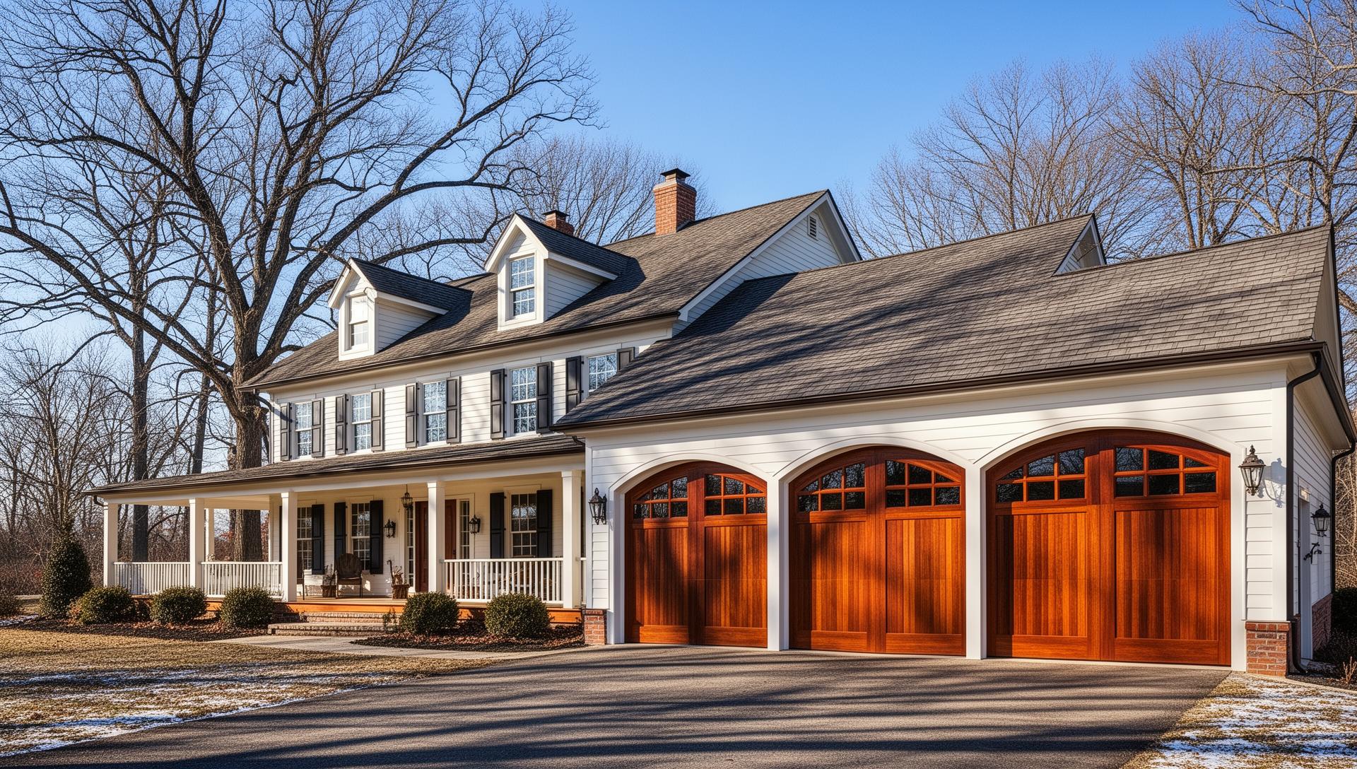Beautiful farmhouse with elegant mahogany wood garage doors with arched windows - professional garage door installation by Winthrop Garage Doors